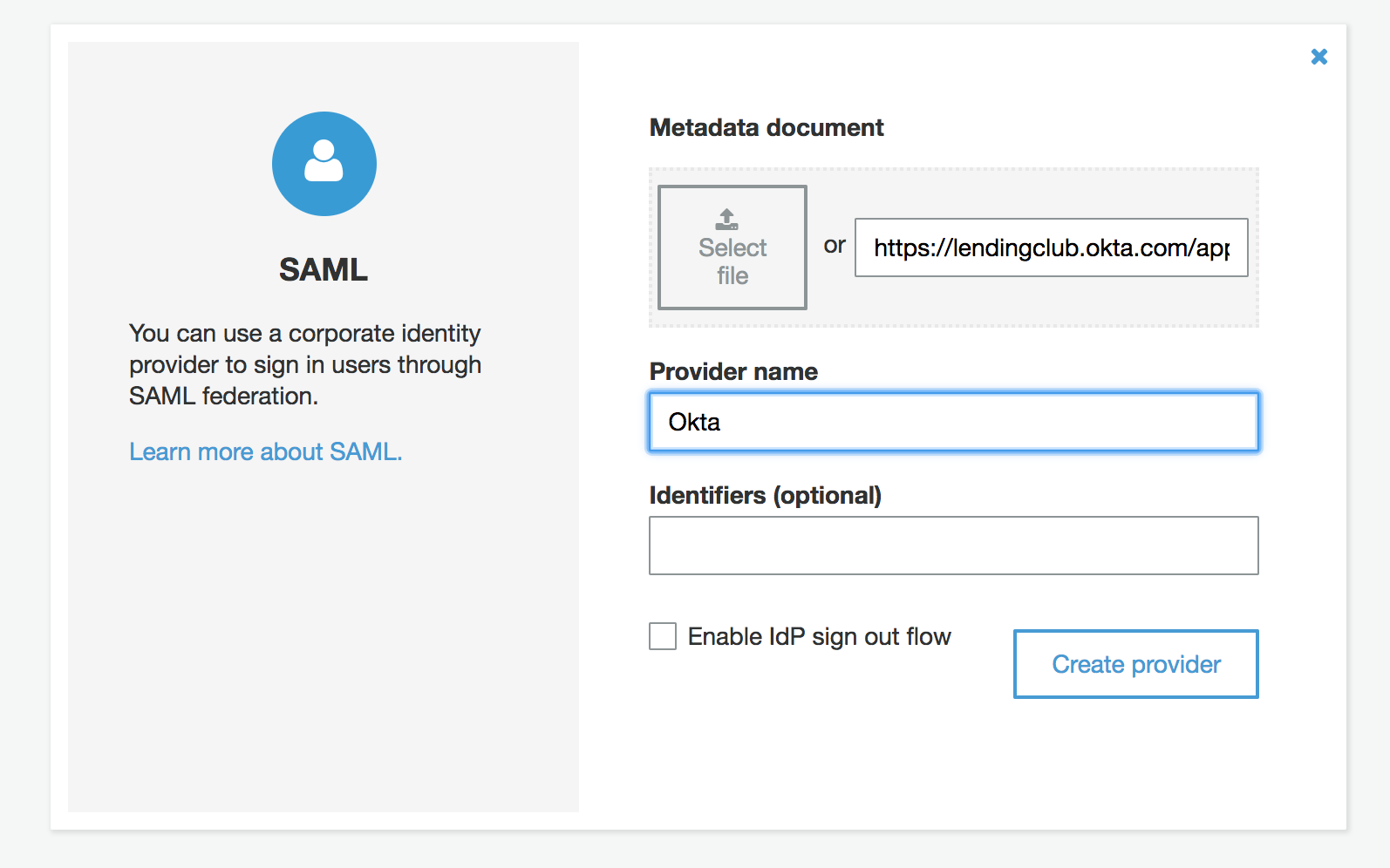 Adding SAML Metatdata file