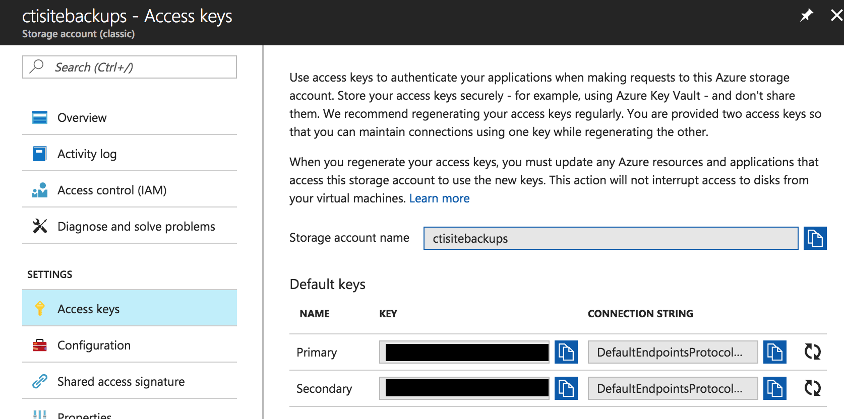 Azure storage access keys