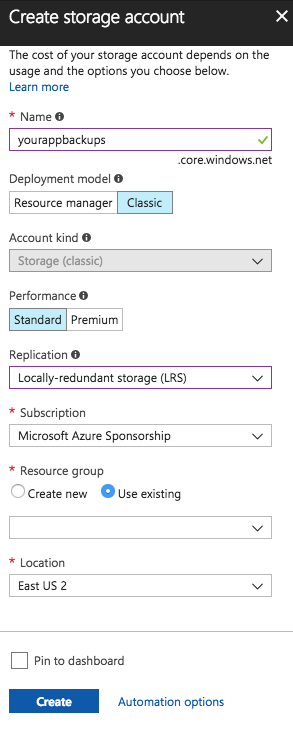 Azure Storage Account config