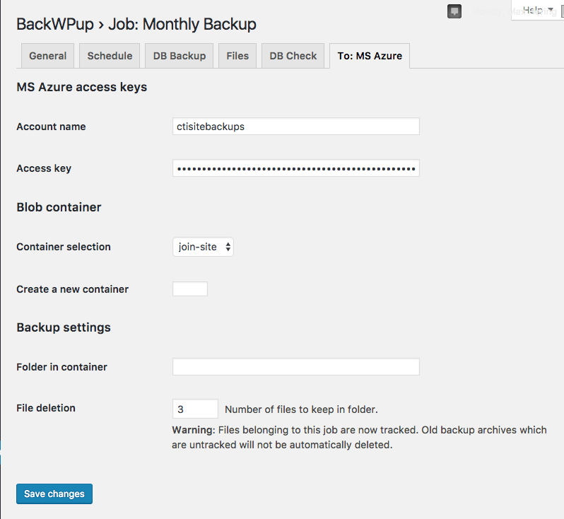 BackWPup azure config