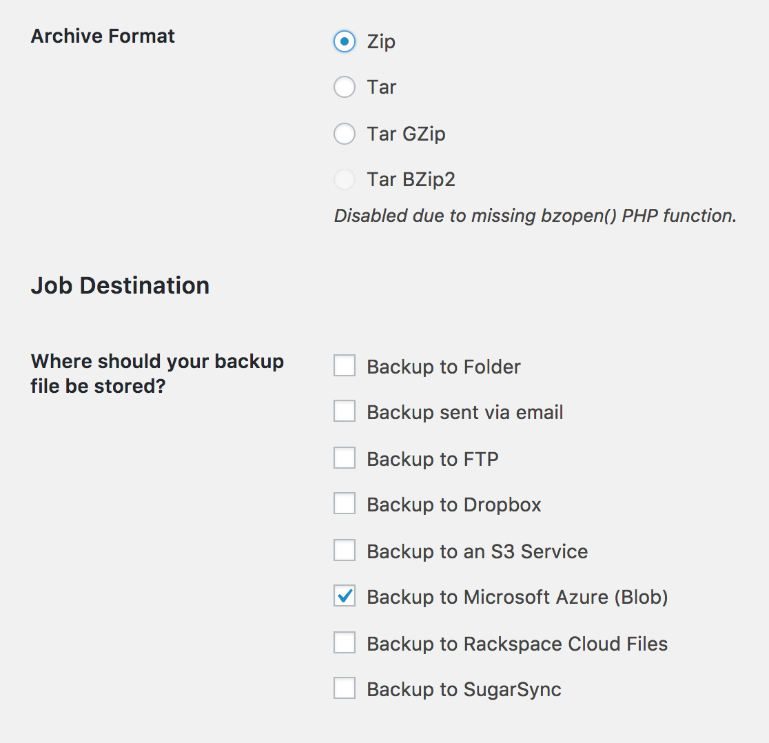 BackWPup storage config